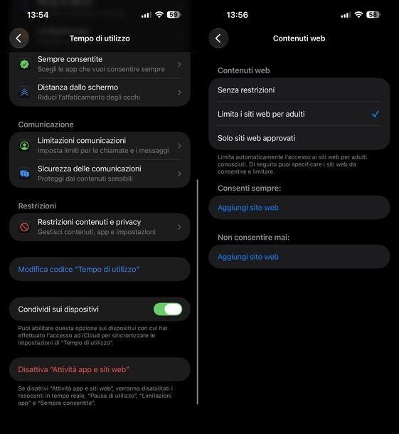 Limitare siti Web per adulti iOS