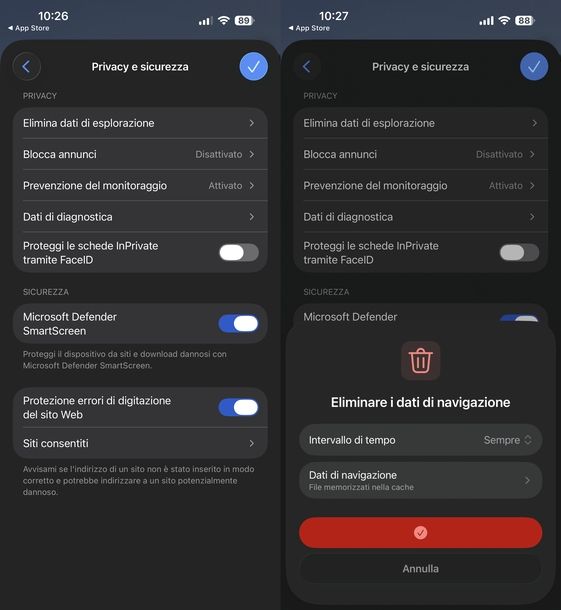 Svuotare cache Edge iOS
