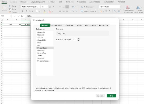 calcolo percentuale su Excel con impostazione formato