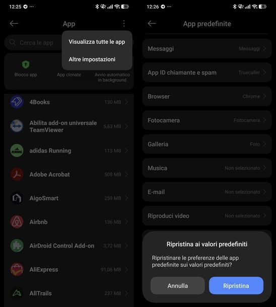 Ripristinare preferenze app predefinite Android