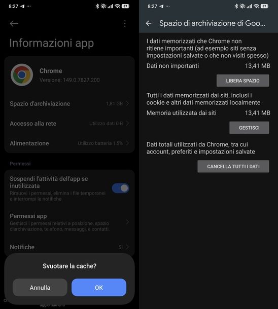 Cancellare cache dati Chrome Android