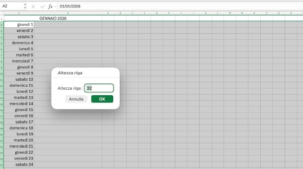 gestione dimensione righe e colonne su Excel