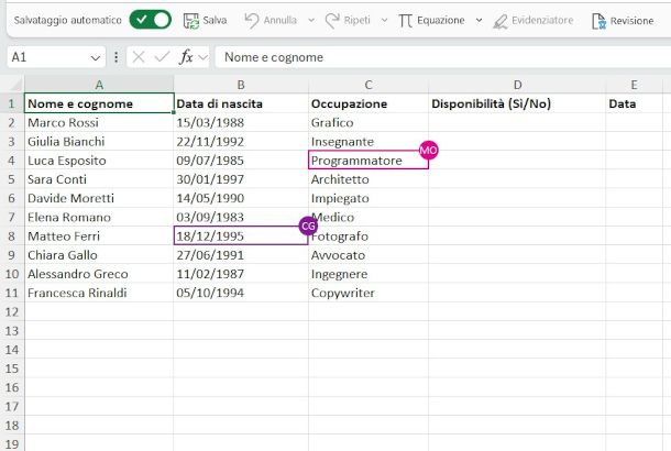 esempio di file Excel collaborativo con icone di altri utenti