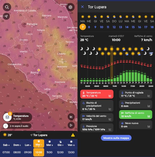 schermate app Ventusky