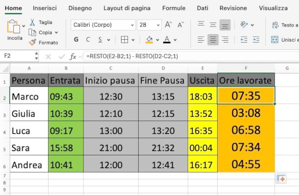 formula per calcolare differenza tra più orari