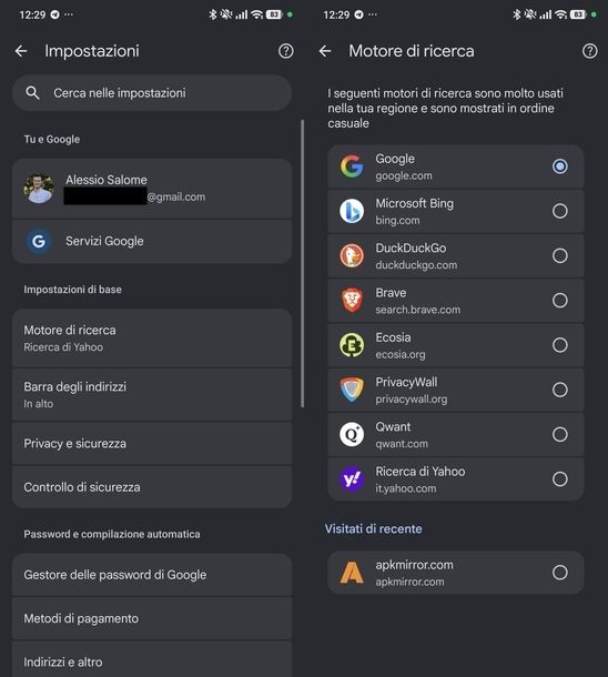 Togliere Yahoo come motore di ricerca da Chrome Android