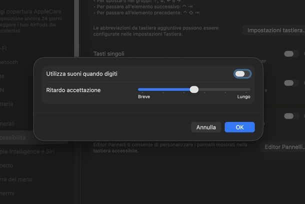 Disattivare opzione Utilizza suoni quando digiti macOS