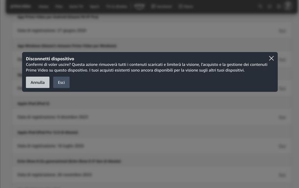 Rimuovere dispositivo registrato da Amazon Prime Video Web