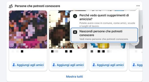 togliere temporaneamente i suggerimenti di amicizia feed
