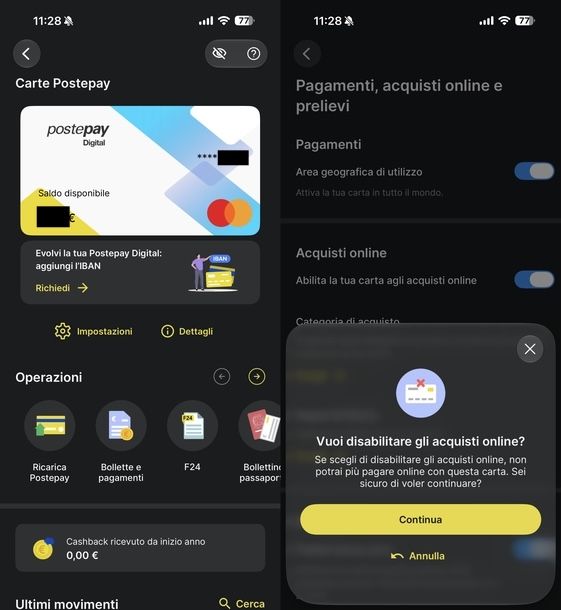 Disattivare pagamenti online Postepay app