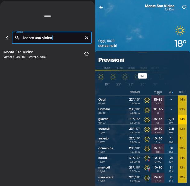schermate app Bergfex Meteo