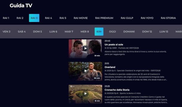 schermata Guida TV sito RaiPlay