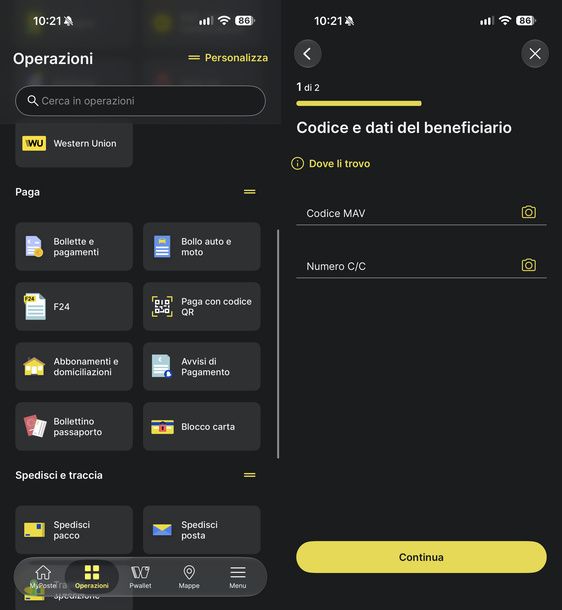 Inserire il Codice MAV Poste App