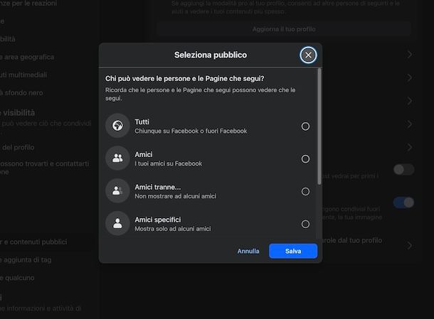 Impostare privacy Pagine seguite Facebook PC