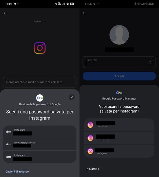 Accedere a Instagram con passkey Android