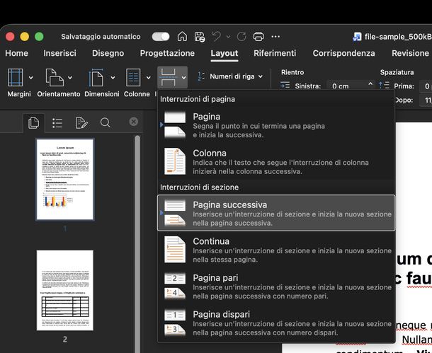 Inserire interruzione di sezione Word macOS