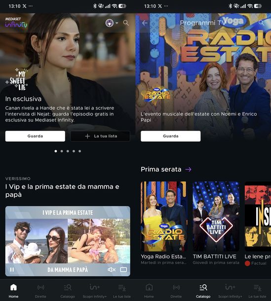Esplorare Home e Catalogo Mediaset Infinity Android