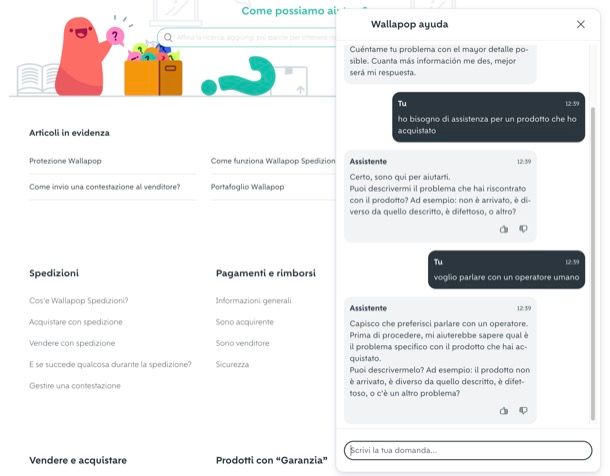 Chiedere un operatore umano in chat Wallapop PC