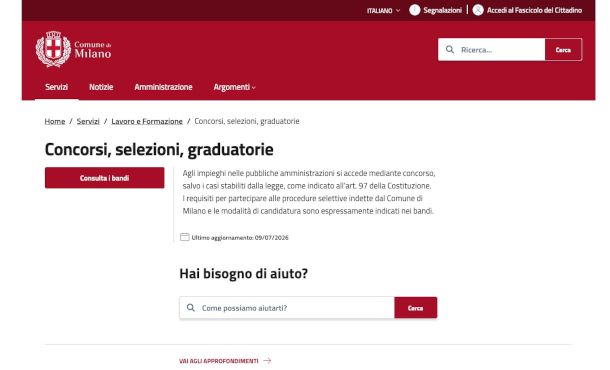 schermata pagina Concorsi sito Comune di Milano