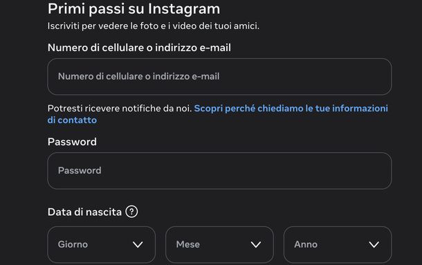 Compilare il modulo di registrazione Instagram su PC