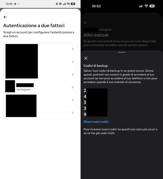 Generare nuovi codici di backup Instagram su Facebook