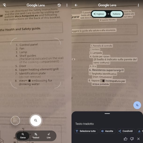 schermate funzione Traduttore su Google Lens