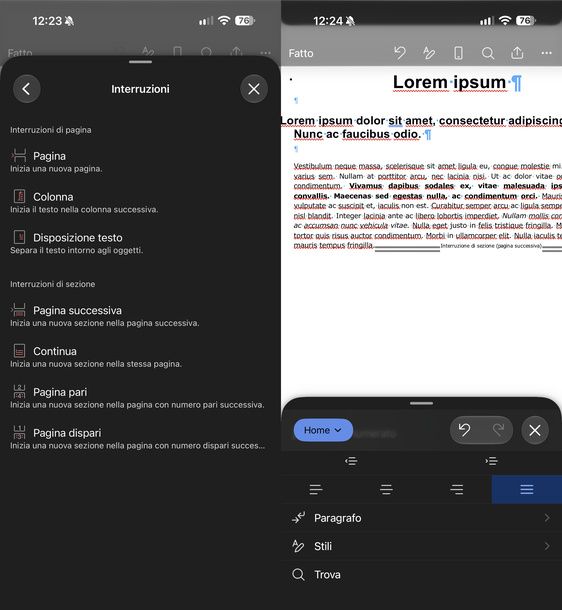 Inserire interruzione di sezione Word iPhone