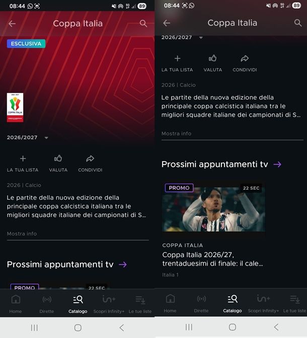 coppa italia mediaset infinity