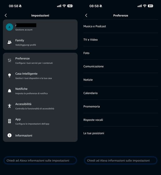 Personalizzare le impostazioni generali app Alexa