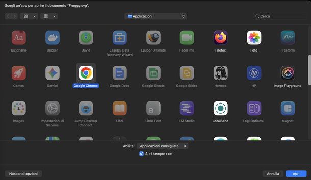 Selezionare il programma predefinito per i file SVG macOS