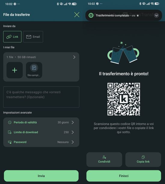 Inviare file SwissTransfer Android