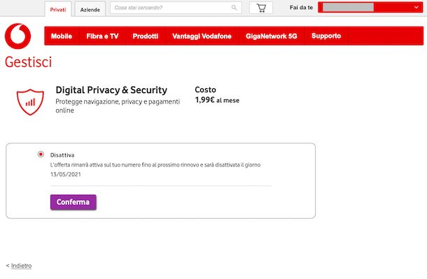 pagina disattivazione Rete Sicura Vodafone