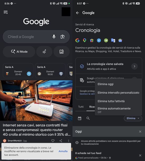 Eliminare cronologia ricerche da app Google Android