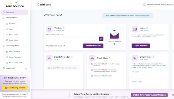 dashboard sito Zero Bounce