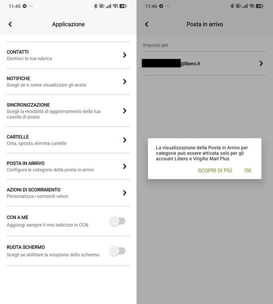 Categorie di posta riservate a Mail Plus app Libero Mail Android