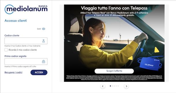Effettuare il login Banca Mediolanum