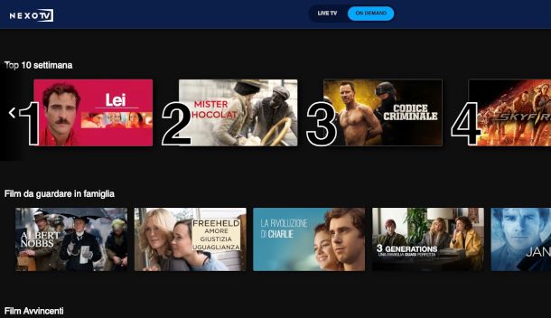 schermata sito Nexo TV