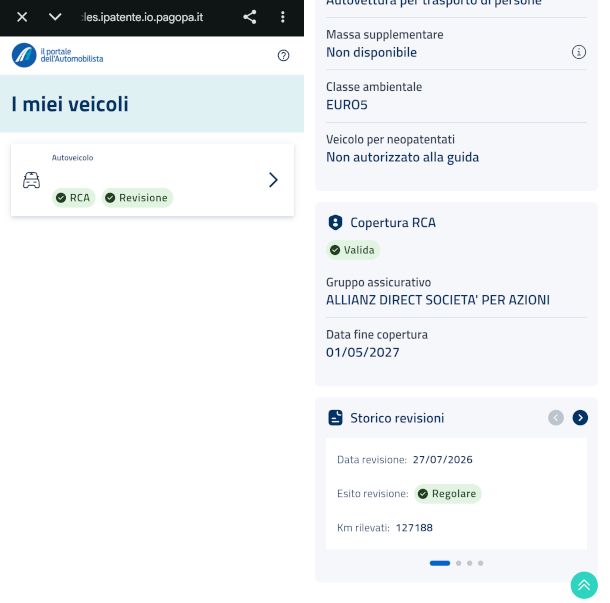 visualizzazione storico revisione su Portale dell'automobilista da app IO