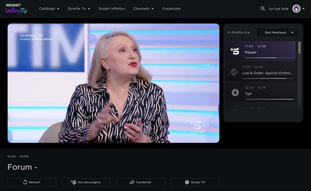 Avviare diretta Canale 5 Mediaset Infinity PC