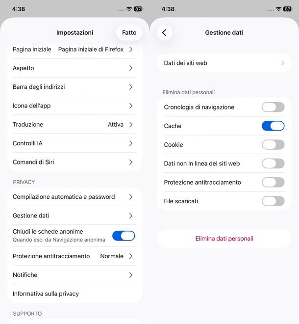 svuotare cache Firefox iPhone