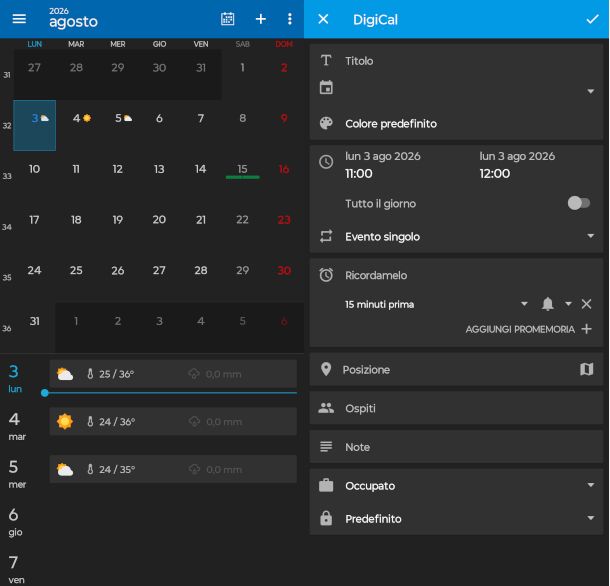 schermate app DigiCal