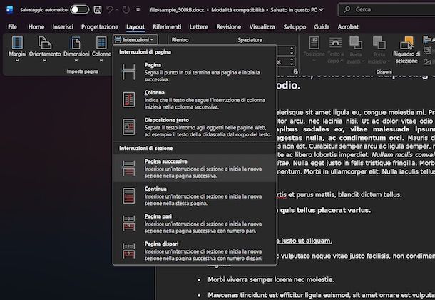 Inserire interruzione di sezione Word Windows
