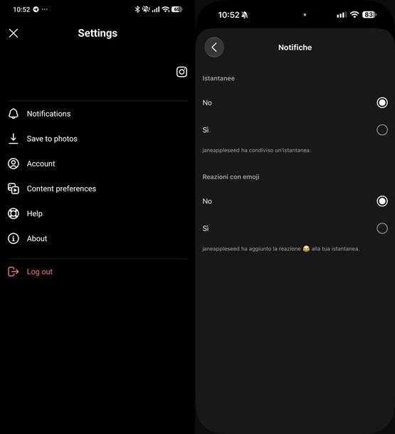 Disattivare notifiche Instants