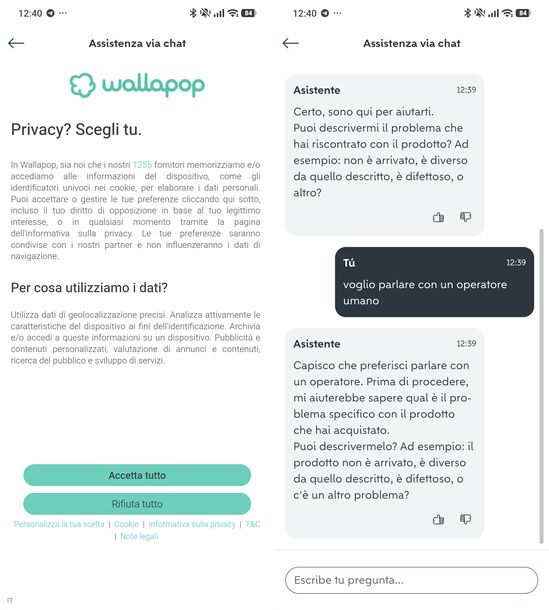 Richiedere assistenza via chat Wallapop Android