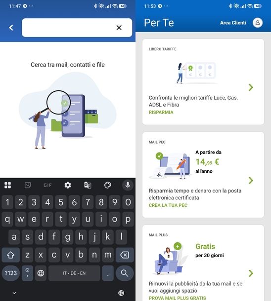Cercare e scoprire i servizi app Libero Mail Android