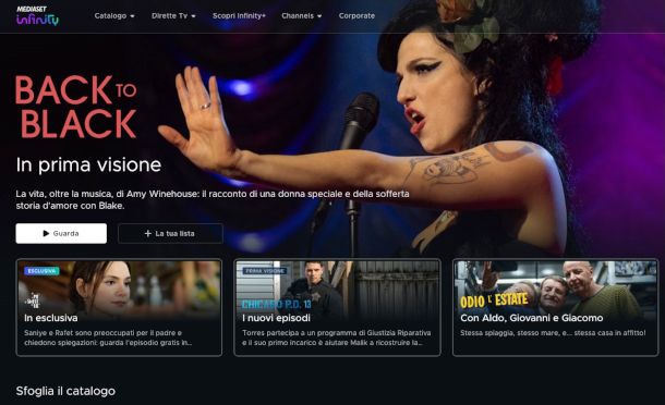 schermata sito Mediaset Infinity