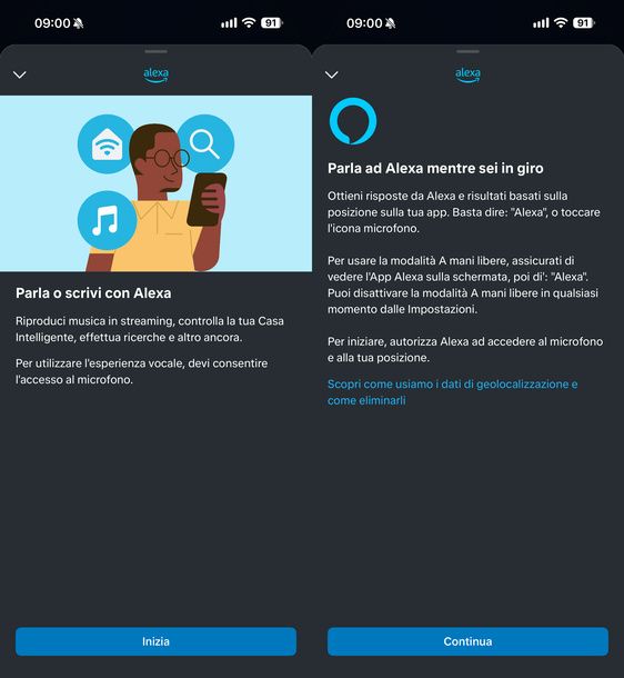 Autorizzare microfono e posizione App Alexa