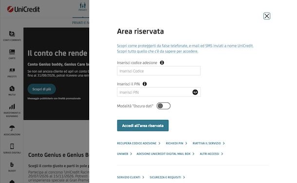 Accedere Area riservata UniCredit PC