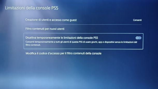 schermata impostazioni famiglia PS5