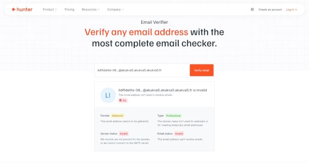 schermata sito Hunter Email Verifier